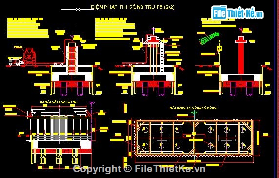 Biện pháp thi công,Bản vẽ thi công,thi công mố cầu,Bản vẽ trình tự kĩ thuật thi công trụ cầu,vòng vây cọc ván thép,hố móng đào trần