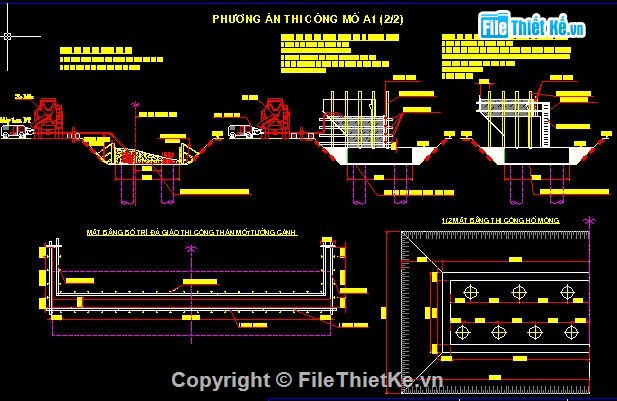 Biện pháp thi công,Bản vẽ thi công,thi công mố cầu,Bản vẽ trình tự kĩ thuật thi công trụ cầu,vòng vây cọc ván thép,hố móng đào trần