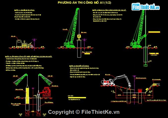 Biện pháp thi công,Bản vẽ thi công,thi công mố cầu,Bản vẽ trình tự kĩ thuật thi công trụ cầu,vòng vây cọc ván thép,hố móng đào trần