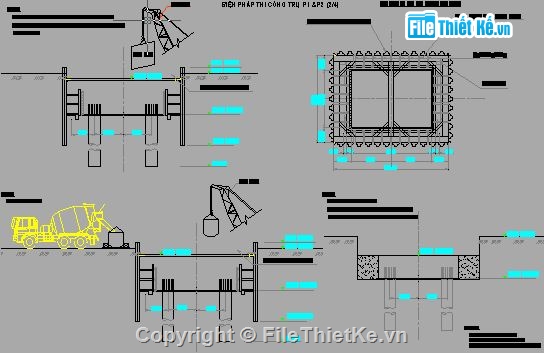 thi công cầu,mố trụ cầu,Bản vẽ cad thi công cầu,bản vẽ tổ chức thi công mô,vòng vây cọc ván thép