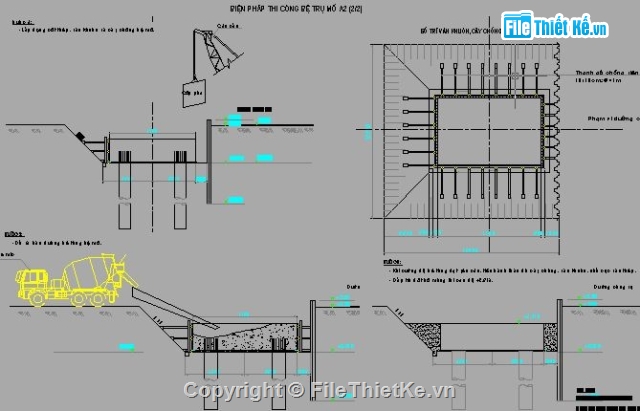 thi công cầu,mố trụ cầu,Bản vẽ cad thi công cầu,bản vẽ tổ chức thi công mô,vòng vây cọc ván thép