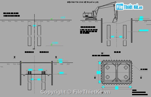 thi công cầu,mố trụ cầu,Bản vẽ cad thi công cầu,bản vẽ tổ chức thi công mô,vòng vây cọc ván thép