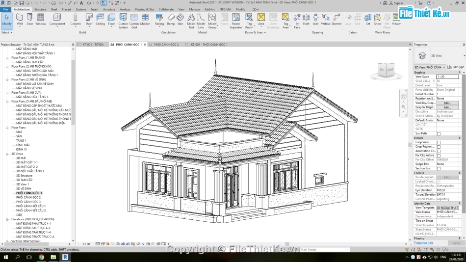 Bản vẽ biệt thự 1 tầng,biệt thự 1 tầng 7x12m,revit thiết kế biệt thự vườn,mẫu biệt thự 1 tầng