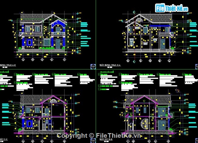 Bản vẽ CAD biệt thự 2 tầng,Mẫu biệt thự 2 tầng,biệt thự 2 tầng 11.7x12.8m,biệt thự 2 tầng kiến trúc kết cấu