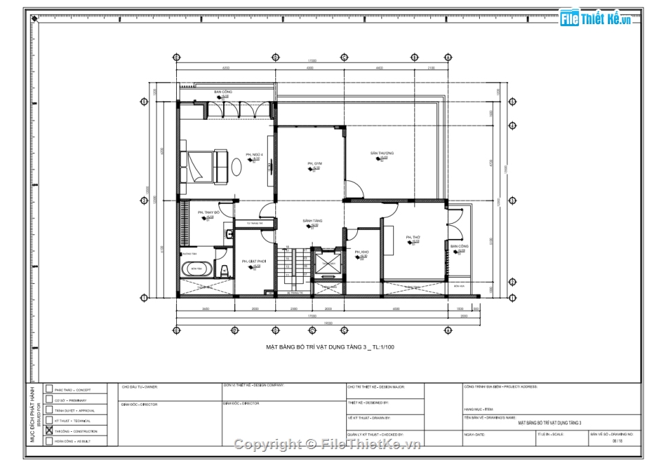 Biệt thự 3 tầng,Bản vẽ full,thi công