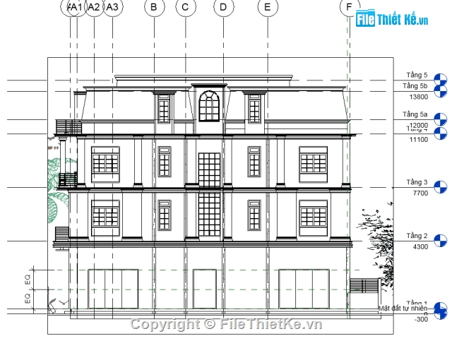 Biệt thự 3 tầng 1 tum,biệt thự 3 tầng 5x17.7m,bản vẽ revit biệt thự 3 tầng,revit biệt thự 3 tầng 1 tum,thiết kế nhà phố 4 tầng