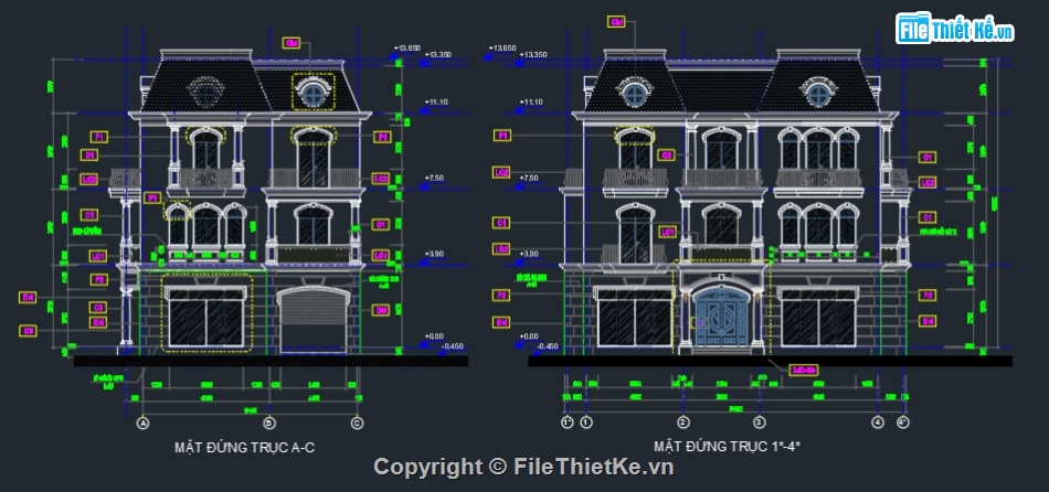 Biệt thự 3 tầng,biệt thự 3 tầng đẹp,File cad biệt thự 3 tầng,bản vẽ cad biệt thự 3 tầng