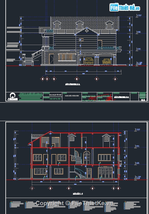 kiến trúc biệt thự,File cad biệt thự,biệt thự pháp 2 tầng,Biệt thự 2 tầng