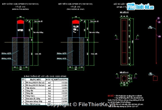 Bản vẽ mặt bằng,cọc giải phóng mặt bằng,mốc lộ giới,Cấu tạo chi tiết cọc mốc,bản vẽ bình đồ