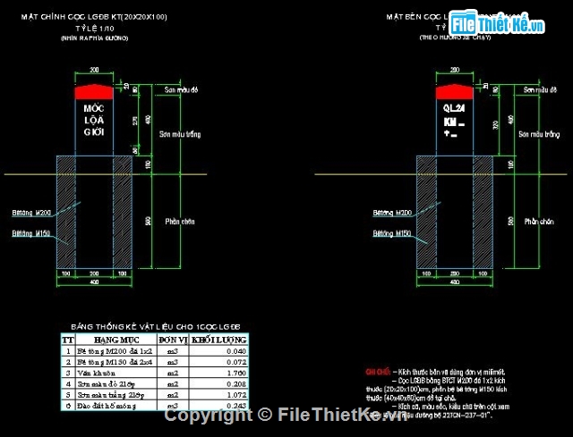 Bản vẽ mặt bằng,cọc giải phóng mặt bằng,mốc lộ giới,Cấu tạo chi tiết cọc mốc,bản vẽ bình đồ