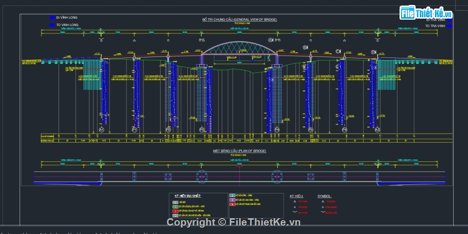 cầu măng thít,Bản vẽ cầu vòm,Thiết kế cọc khoan nhồi,file cad bố trí chung cầu măng thít