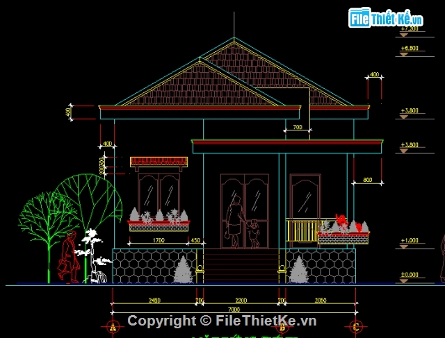 bản vẽ biệt thự,nhà kích thước 7 x 8m,mẫu nhà mái thái,bản vẽ nhà trệt