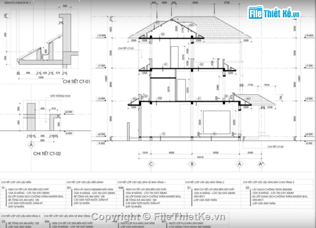 Biệt thự 3 tầng,Biệt thự 3 tầng 9.7x19.5m,bản vẽ cad biệt thự 3 tầng,Biệt thự 3 tầng cộng phối cảnh
