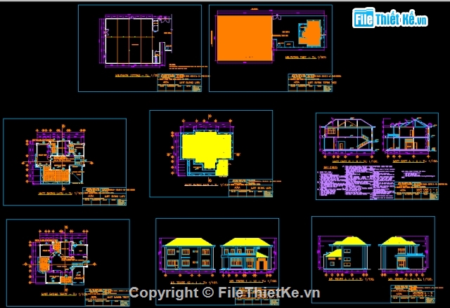 bản vẽ cad biệt thự 2 tầng,Bản vẽ biệt thự 16x13.8m,kiến trúc biệt thự