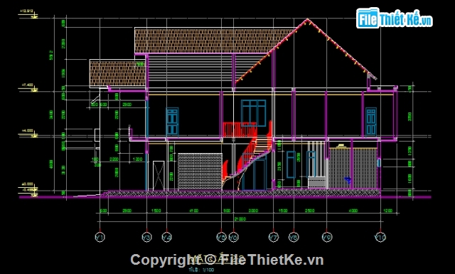 Bản vẽ,Biệt thự,kiến trúc tầng mái,mái thái 1 tầng,kiến trúc 2 tầng,Biệtthự mái thái 8x21