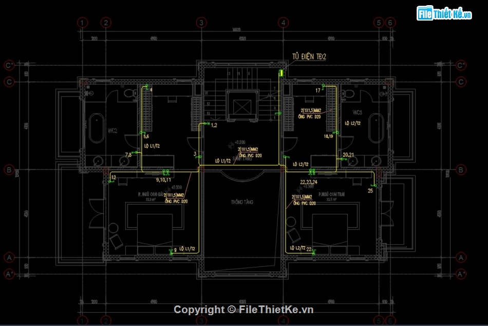 điện nước biệt thự,bản vẽ biệt thự 3 tầng,bản vẽ cad biệt thự 3 tầng
