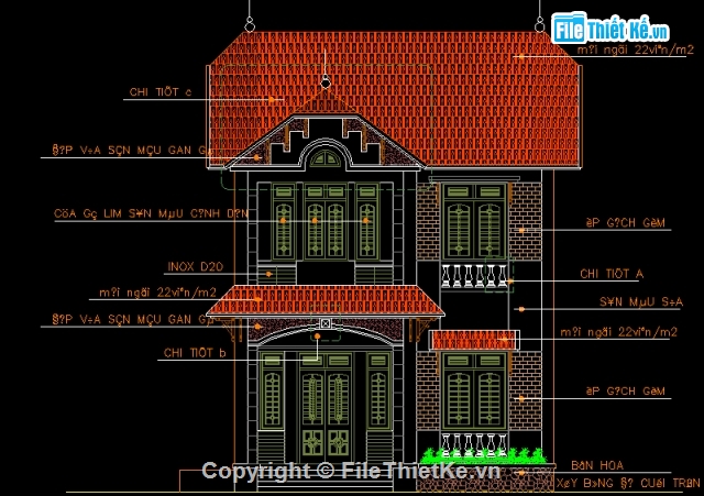 biệt thự 2 tầng,bản vẽ biệt thự,nhà kích thước 7 x 20m,biệt thự mái ngói