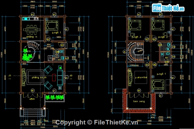 biệt thự 2 tầng,bản vẽ biệt thự,nhà kích thước 7 x 20m,biệt thự mái ngói