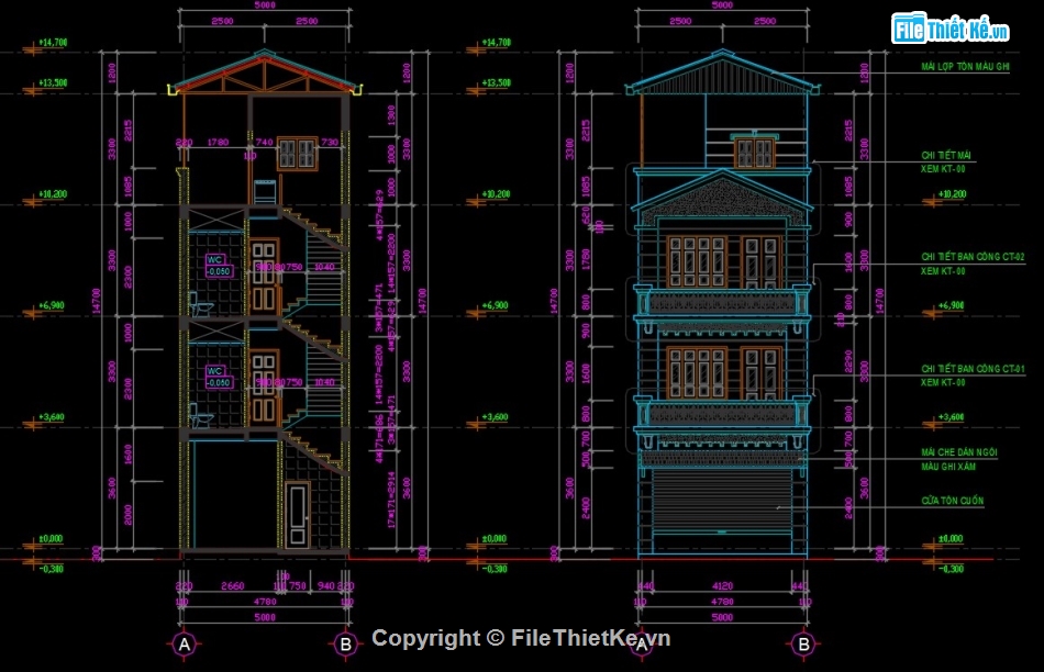 Bản vẽ kiến trúc nhà phố,thiết kế nhà phố 3 tầng,bản vẽ nhà phố 5x13,bản vẽ cad nhà phố 3 tầng