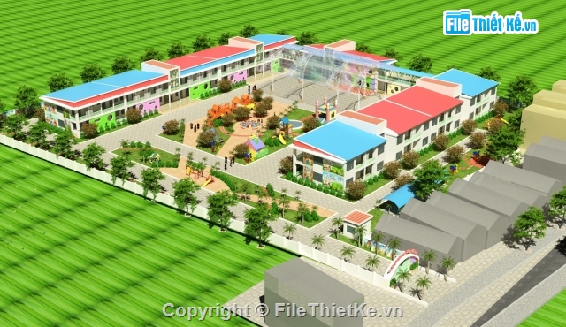 mẫu trường tiểu học đẹp,trường tiểu học có phối cảnh,bản vẽ trường tiểu học đẹp