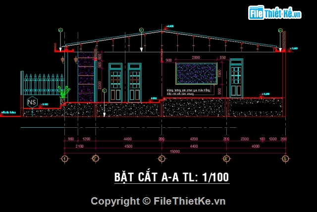 nhà cấp 4 mái thái,Nhà 1 tầng 5x15m,thiết kế nhà 5x15m,bản vẽ nhà cấp 4