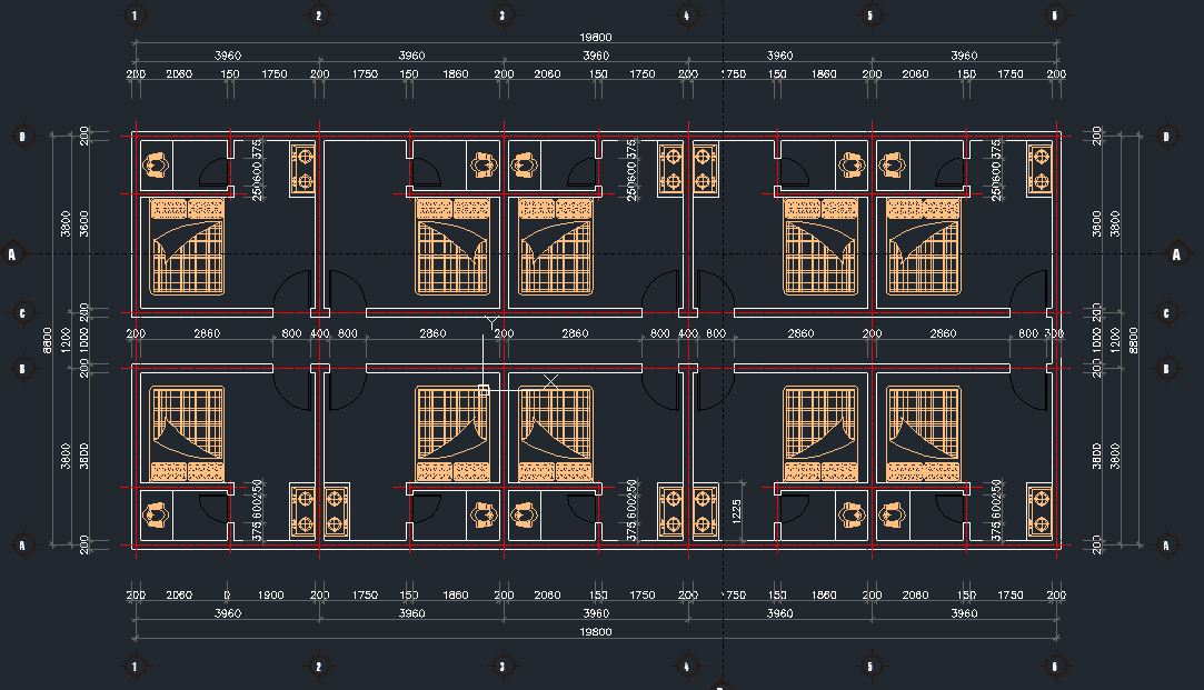 nhà trọ,Bản vẽ nhà trọ,bản vẽ dãy nhà trọ,bản vẽ dãy nhà trọ 8.8x19.8m