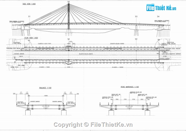 bản vẽ cầu dây văng,cầu dây văng 2 nhịp,cầu dây văng 1 trụ tháp,Bản vẽ cầu Rào