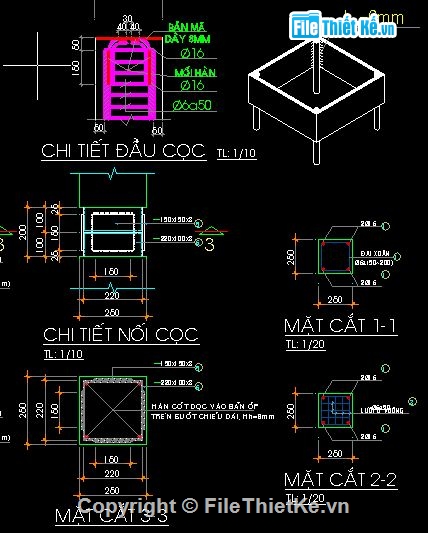 Cấu tạo cọc BTCT kích thước 250 x 250,Cấu tạo mối nối cọc,Cấu tạo đài cọc