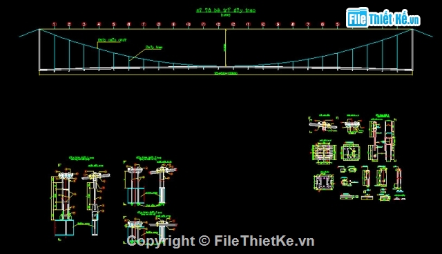 Bản vẽ,hạng mục cầu,cầu treo,cầu treo dây võng dài 100m,nhịp chính 10+10m