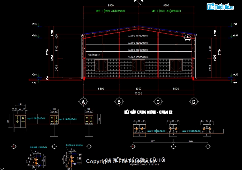 nhà xưởng,cad nhà kho,nhà xưởng rộng 17m,nhà xưởng công nghiệp,nhà xưởng file autocad,kết cấu nhà xưởng thép