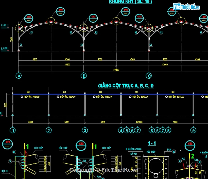nhà để xe 3 khoang,nhà để xe file cad,file cad nhà để xe