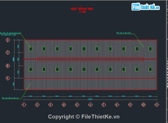 File cad nhà xưởng,cad nhà kho,cad nhà xưởng sản xuất,nhà kho 20x70m,kết cấu thép