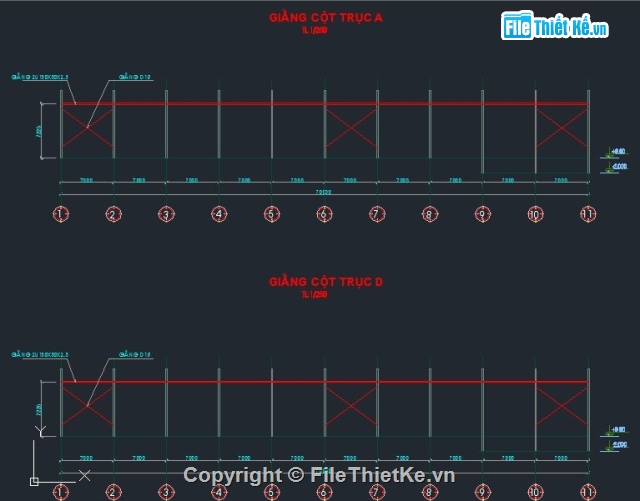 File cad nhà xưởng,cad nhà kho,cad nhà xưởng sản xuất,nhà kho 20x70m,kết cấu thép