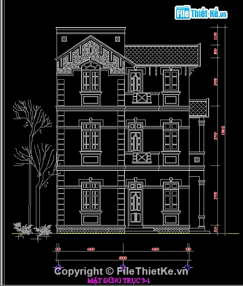 kiến trúc biệt thự,Bản vẽ kiến trúc biệt thự,biệt thự kích thước 11x12m,biệt thự cổ điển 3 tầng