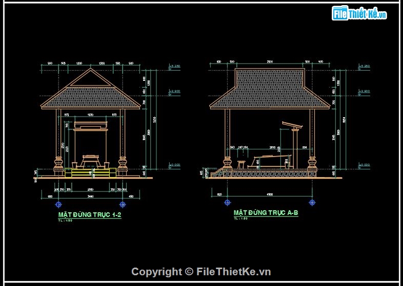 kết cấu kiến trúc,bản vẽ nhà mồ đẹp,kiến trúc+ kết cấu nhà mồ,nhà mồ 3.4x4.5m,Nhà mồ tứ giác,Nhà mồ mái ngói