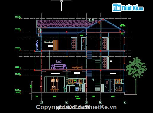 kiến trúc 3 tầng,nhà 3 tầng,3 tầng,Bản vẽ kiến trúc nhà 3 tầng kích thước 7.6m x 16.2