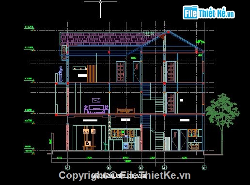 kiến trúc 3 tầng,nhà 3 tầng,3 tầng,Bản vẽ kiến trúc nhà 3 tầng kích thước 7.6m x 16.2