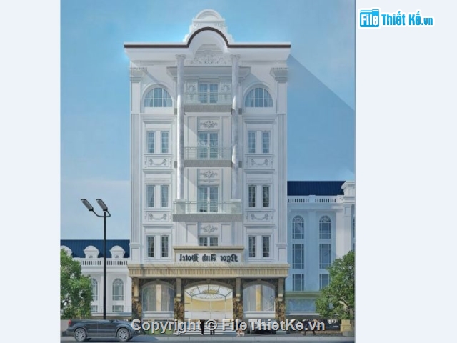 Bản vẽ thi công khách sạn 10x12.5m,Bản vẽ khách sạn 1 tầng hầm 5 tầng nổi,Bản vẽ khách sạn 6 tầng kèm dự toán,khách sạn 5 tầng,khách sạn tân cổ điển 5 tầng
