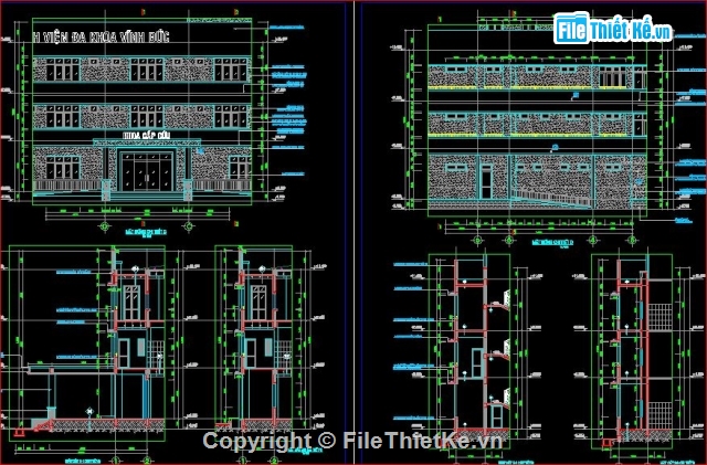 Mặt bằng bệnh viện,mặt đứng bệnh viện,mặt cắt bệnh viện,bệnh viện đa khoa Vĩnh Đức