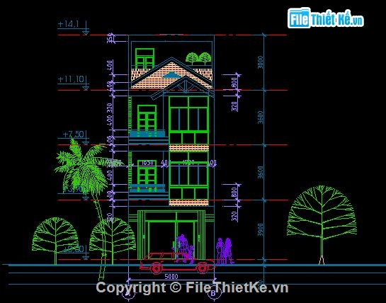 kiến trúc 3 tầng,nhà 3 tầng,3 tầng,Bản vẽ nhà 3 tầng,nhà kích thước 5m x 23.5m