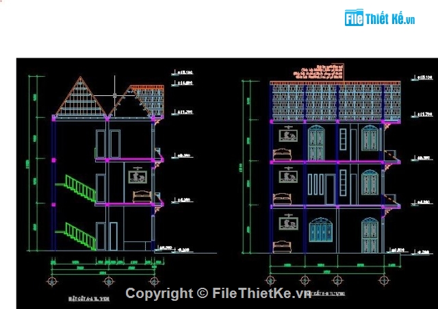 kết cấu biệt thự,biệt thự đẹp,biệt thự 3 tầng,kiến trúc biệt thự,Bản vẽ nhà biệt thự 3 tầng kích thước 9x 9.8m