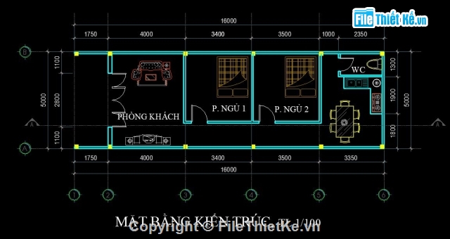 Bản vẽ CAD nhà 1 tầng,CAD nhà cấp 4,Bản vẽ nhà dân,Bản vẽ cấp 4,nhà 1 tầng 5x16m