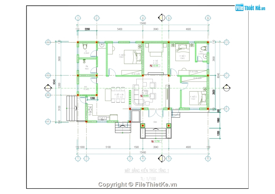 nhà cấp 4 đẹp,mẫu nhà cấp 4 đẹp,hồ sơ nhà cấp 4,nhà cấp 4 9.54x15.46m