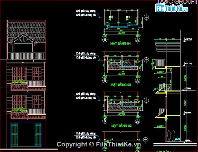 Bản vẽ nhà dân 3 tầng 1 tum đầy đủ kiến trúc, kết cấu, điện nước,..