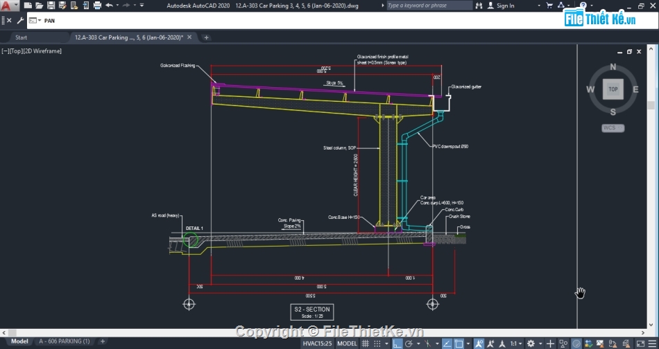 Nhà để xe ô tô,file cad nhà để xe ô tô,nhà để xe ô tô kích thước 22.8x5.5m