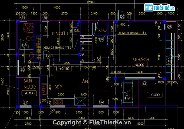 bản vẽ nhà 2 tầng,nhà 2 tầng mái thái,nhà 2 tầng hình L,nhà 7.5 x 13m