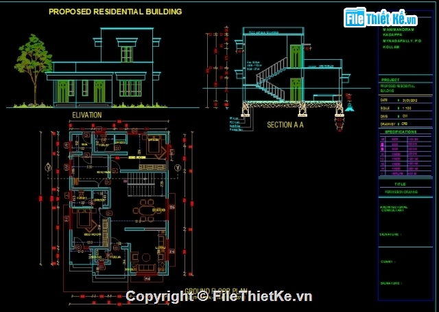 nhà gia đình,bản vẽ nhà ở,file cad nhà ở 2 tầng,nhà 2 tầng giật cấp