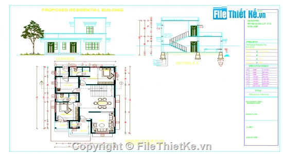 nhà gia đình,bản vẽ nhà ở,file cad nhà ở 2 tầng,nhà 2 tầng giật cấp