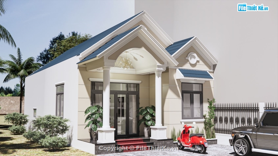 nhà vườn mái thái,Nhà mái thái 5m,Nhà mái thái 7x16m,phối cảnh đẹp,layout nhà vườn,bản vẽ nhà vườn