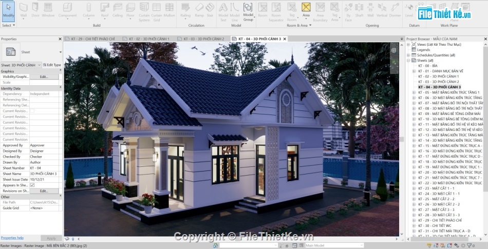 Bản vẽ revit Biệt thự 1 tầng,File revit Biệt thự 1 tầng,Bản vẽ revit mái thái 1 tầng,Reivit biệt thự 1 tầng,File revit biệt thự 8.5x10.8m